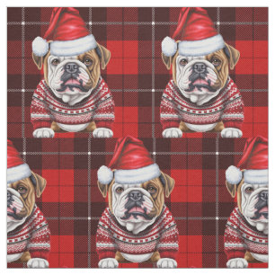 Cute Bulldog and Red Holiday Plaid Christmas Fabric