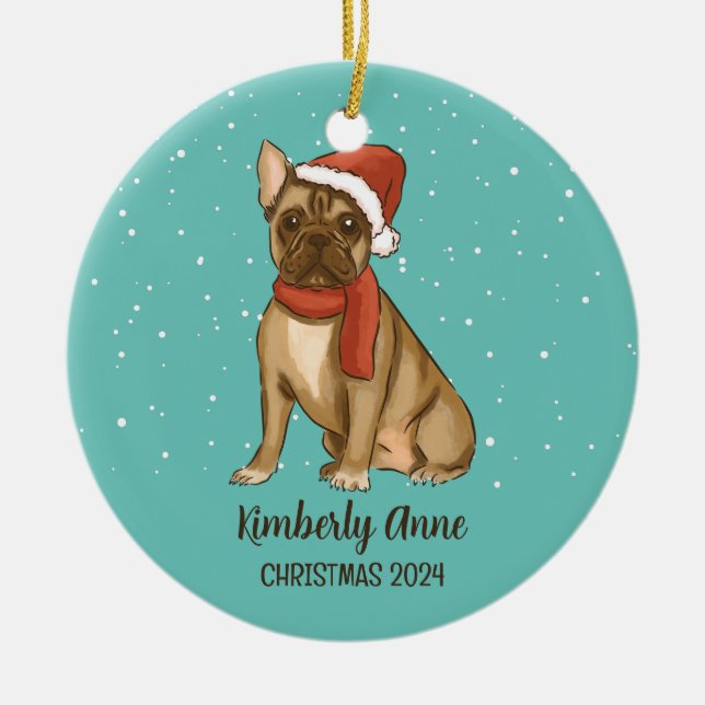 Cute Bulldog Christmas Dog Snowy Winter Holiday Ceramic Tree Decoration (Front)