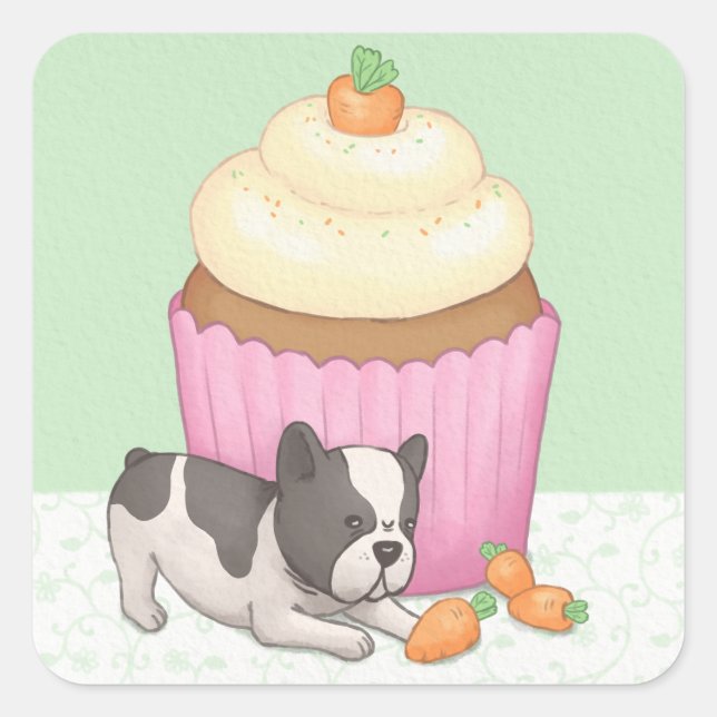 Cute Bulldog & Cupcake Illustration Art Square Sticker (Front)