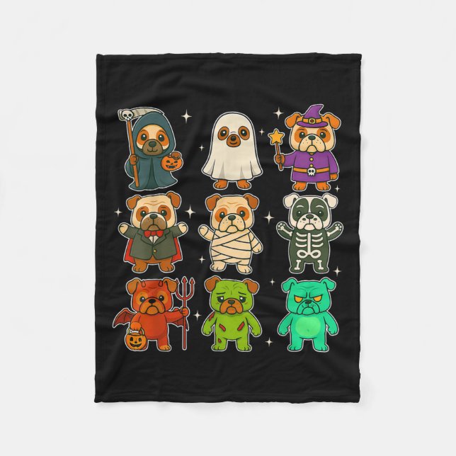 Cute Bulldog Dogs Witch Pumpkin Skeleton Costume H Fleece Blanket (Front)