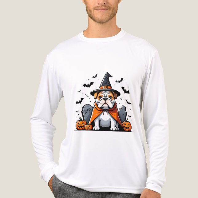 Cute Bulldog Halloween T-Shirt – Witch Hat, Pumpki Tri-Blend Shirt (Front)