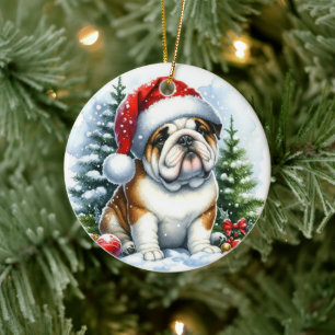 Cute Bulldog in a Santa Hat Watercolor Ceramic Tree Decoration