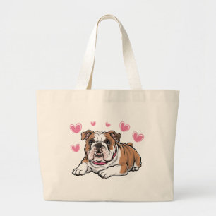 Cute Bulldog Mum Gift Pink Hearts Puppy Dog Lover Large Tote Bag