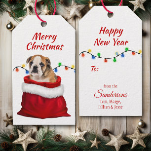 Cute Bulldog Puppy in Santa Bag Gift Tags