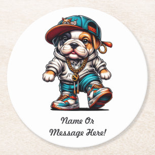 Cute Bulldog Puppy in Streetwear Round Paper Coaster