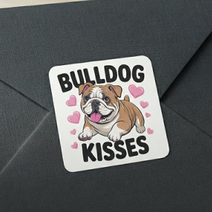 Cute Bulldog Puppy Kisses Pink Heart Dog Mum Love Square Sticker