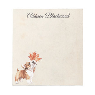 Cute Bulldog Puppy with a Fall Leaf Personalised Notepad