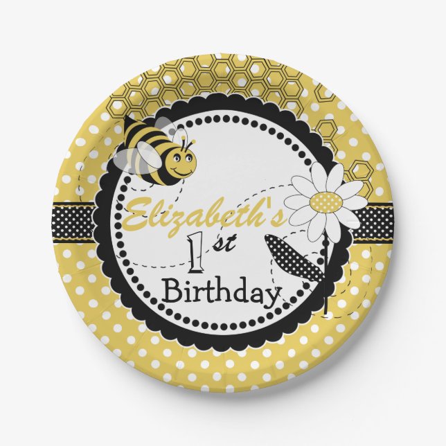 Cute Bumble Bee 1st Birthday Party Paper Plate (Front)