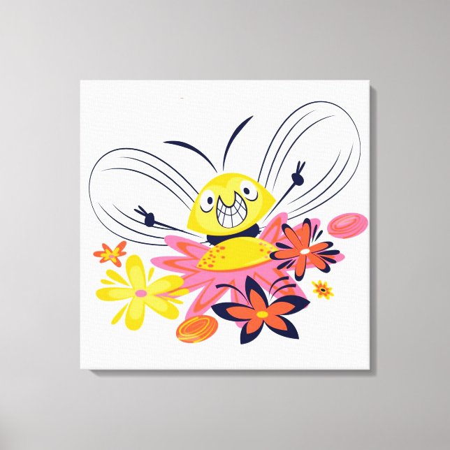 Cute Bumble Bee and Flowers Canvas Print (Front)