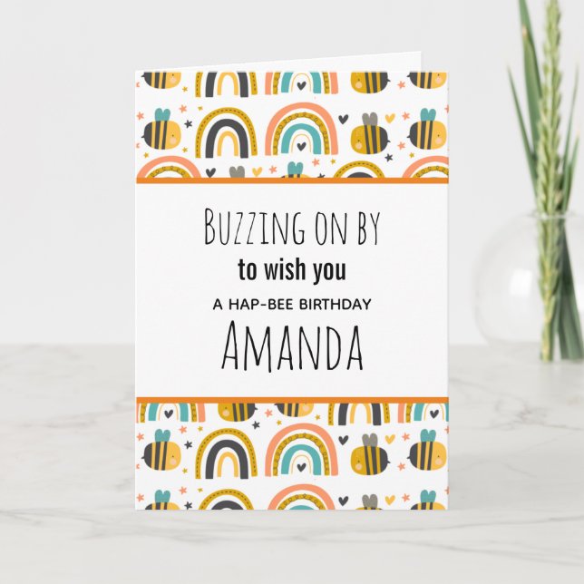 Cute Bumble Bee and Rainbows Pattern Birthday Card (Front)