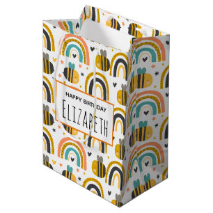 Cute Bumble Bee and Rainbows Pattern Birthday Medium Gift Bag