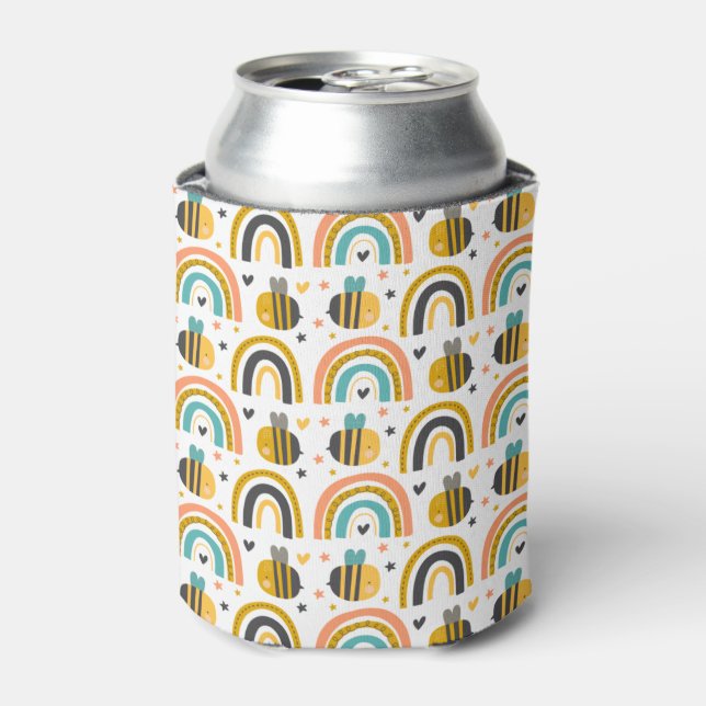 Cute Bumble Bee and Rainbows Pattern Can Cooler (Can Front)