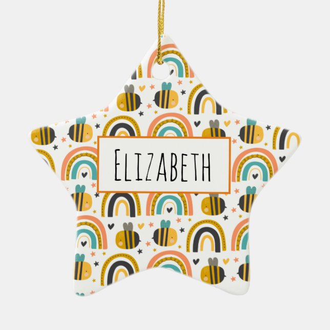 Cute Bumble Bee and Rainbows Pattern Ceramic Tree Decoration (Front)