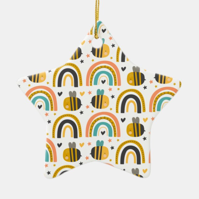 Cute Bumble Bee and Rainbows Pattern Ceramic Tree Decoration (Front)