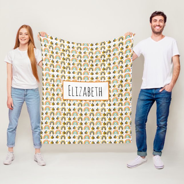 Cute Bumble Bee and Rainbows Pattern Fleece Blanket (In Situ)