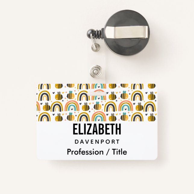 Cute Bumble Bee and Rainbows Pattern ID Badge (Back with Retractable)