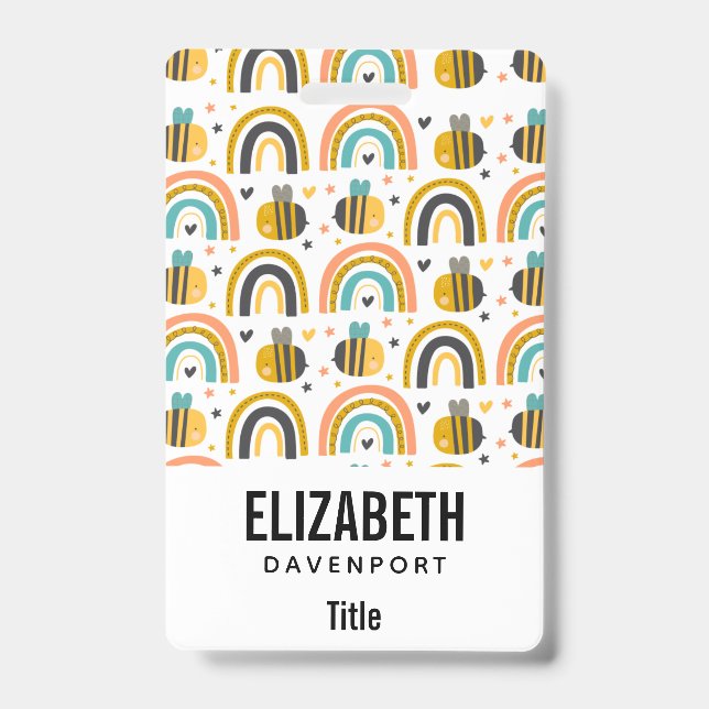 Cute Bumble Bee and Rainbows Pattern ID Badge (Front)