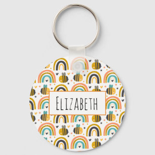 Cute Bumble Bee and Rainbows Pattern Key Ring