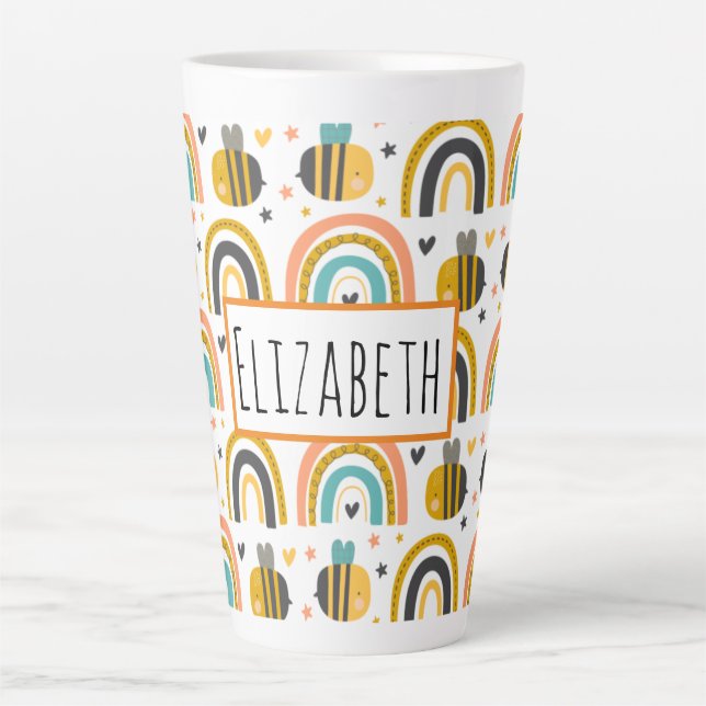 Cute Bumble Bee and Rainbows Pattern Latte Mug (Front)