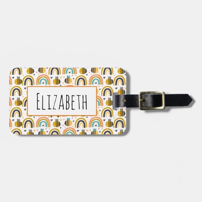 Cute Bumble Bee and Rainbows Pattern Luggage Tag (Front Horizontal)