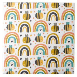 Cute Bumble Bee and Rainbows Pattern Tile