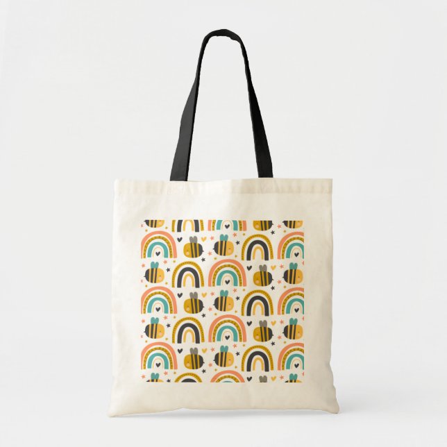 Cute Bumble Bee and Rainbows Pattern Tote Bag (Front)