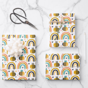 Cute Bumble Bee and Rainbows Pattern Wrapping Paper Sheet
