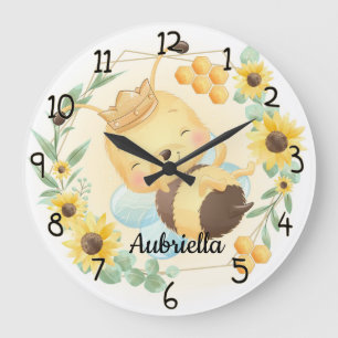 Cute Bumble Bee and Sunflowers Large Clock