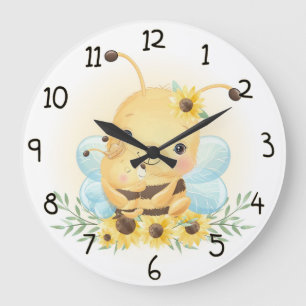 Cute Bumble Bee and Sunflowers Large Clock