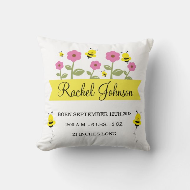 Cute Bumble Bee Baby Birth Announcement Pillow (Front)