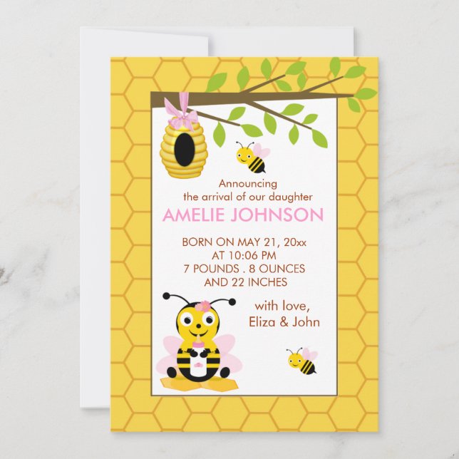 Cute Bumble Bee Girl Baby Birth Announcement Card (Front)
