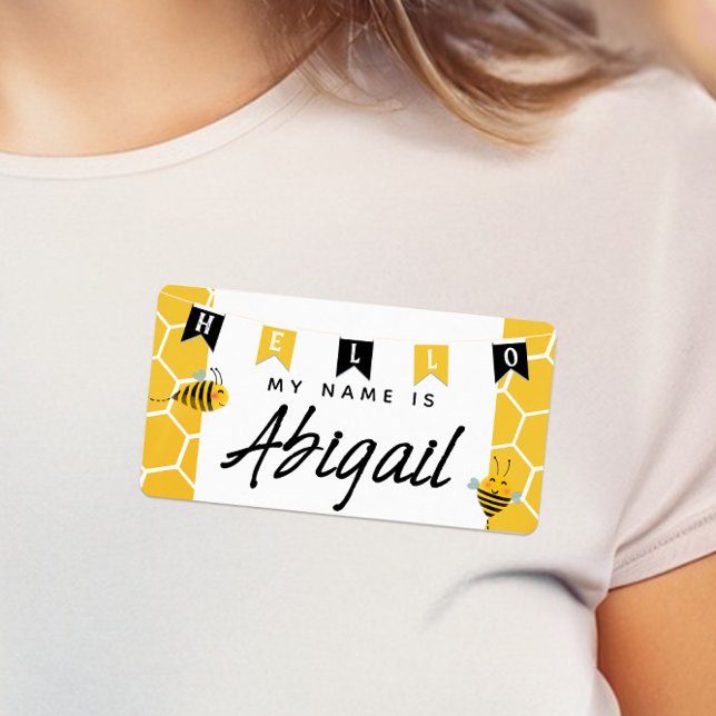 Cute Bumble Bee Honeycomb Hello My Name Is Sticker (Cute Bumble Bee Baby Shower "Hello My Name Is" Name Tag in Yellow and Black with Watercolor Bees)
