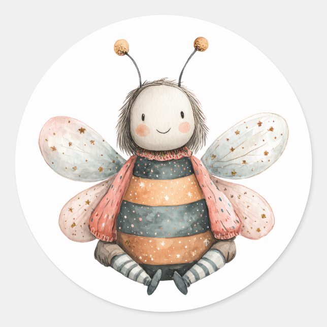 Cute Bumble Bee Pastel Watercolor Illustration Classic Round Sticker (Front)