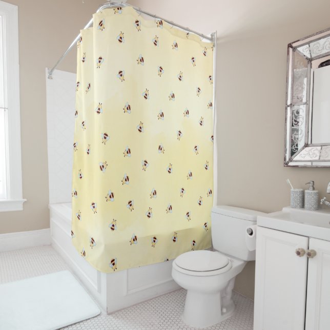 Cute Bumble Bee Pattern Yellow Shower Curtain (In Situ)