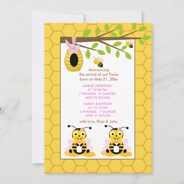 Cute Bumble Bee Twins Girl Baby Birth Announcement (Front)