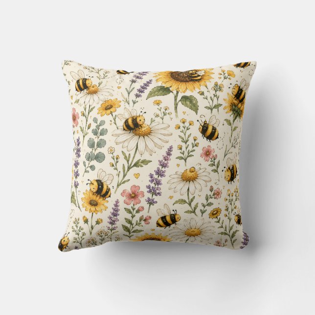 Cute Bumble Bee & Wildflower Pattern Cushion (Back)
