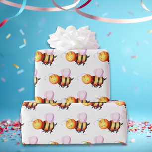 Cute Bumble Bee with Pink Wings Patterned Wrapping Paper