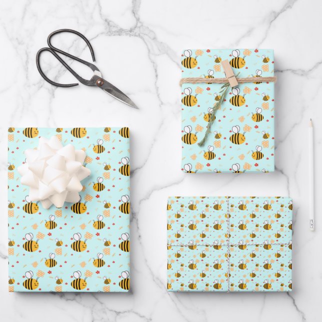 Cute Bumblebee and Flowers Wrapping Paper Sheet (Front)