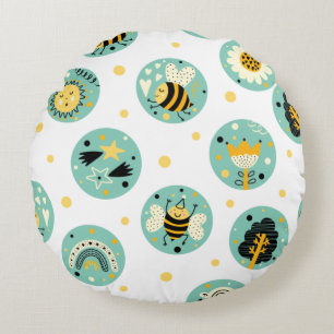Cute Bumblebee and Rainbow Nursery Round Cushion