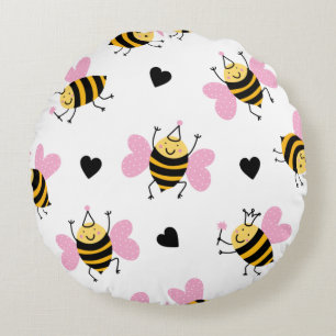 Cute Bumblebee and Rainbow Nursery Round Cushion