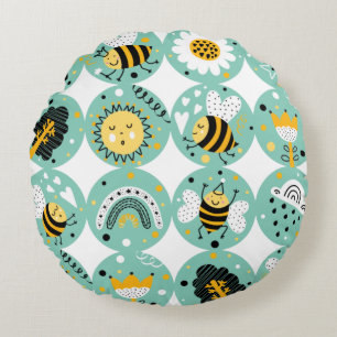 Cute Bumblebee and Rainbow Nursery Round Cushion