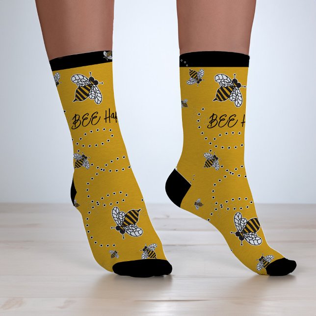  Cute Bumblebee Bee Happy Honeybees Yellow & Black Socks (Creator Uploaded)