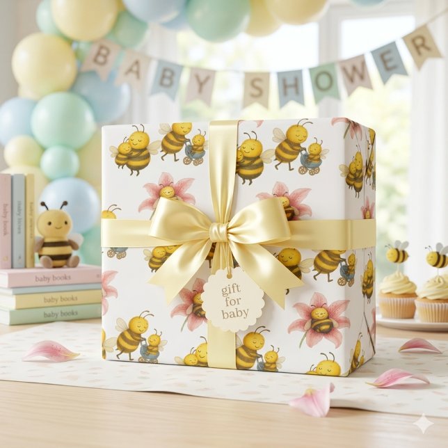 Cute Bumblebee Mum & Baby Bee  Wrapping Paper (cute bumblebees wrapping paper for baby showers and mom to bee gifts )