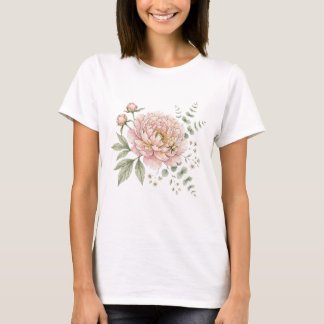 Cute Bumblebee & Pink Peony Watercolor Botanical T-Shirt