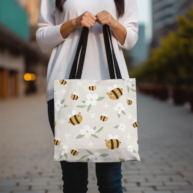 Cute Bumblebee Tote Bag, Floral Design Tote Bag (Creator Uploaded)