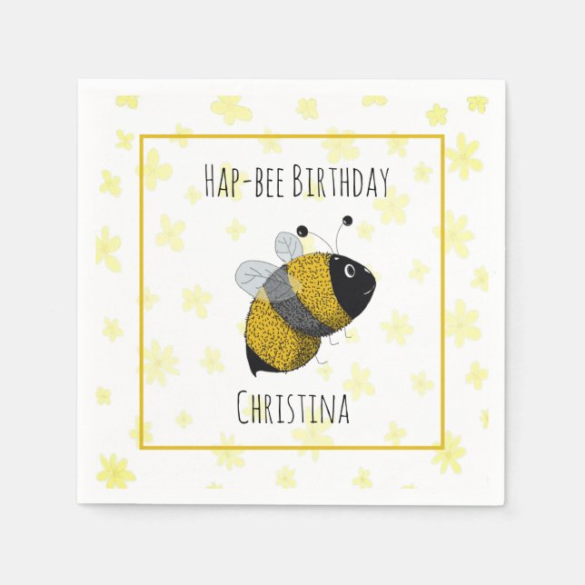 Cute Bumblebee Yellow and Black | HapBee Birthday Napkin (Front)