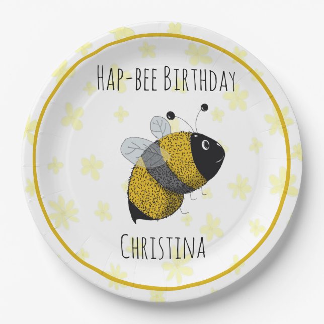 Cute Bumblebee Yellow and Black | HapBee Birthday Paper Plate (Front)