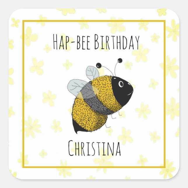 Cute Bumblebee Yellow and Black | HapBee Birthday Square Sticker (Front)