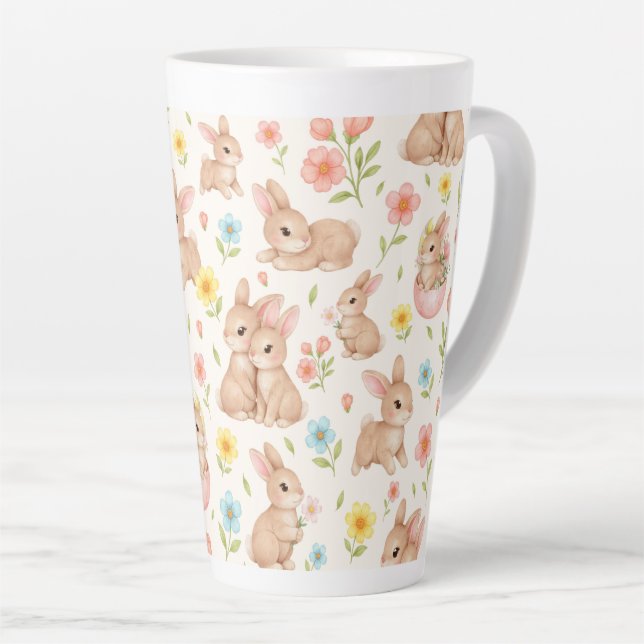 Cute Bunnies and Flowers Pattern Latte Mug (Right Angle)