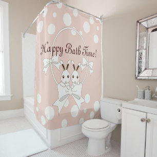 Cute Bunnies and Ribbons Cartoon Pastel Pink Kids Shower Curtain